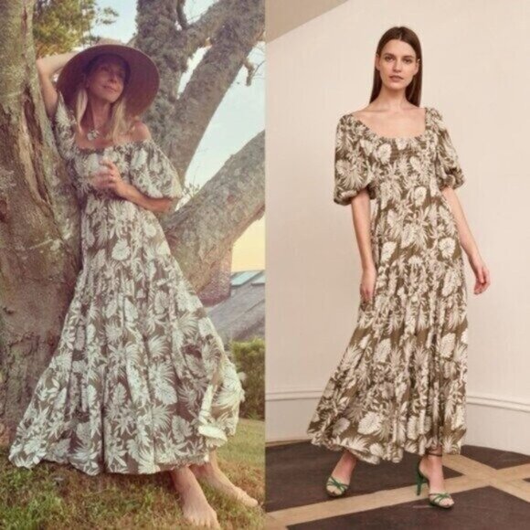 NWT La Ligne Pyper Green White Silk Smocked Meghan Markle Maxi Dress Size S - Picture 2 of 12